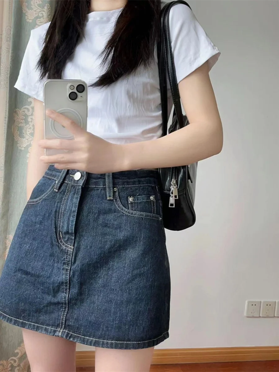 Jupe trapèze taille haute pour femmes, jupe ort en Denim, amincissante, polyvalente, coréenne, pour les déplacements, couleur Pure, été 2023