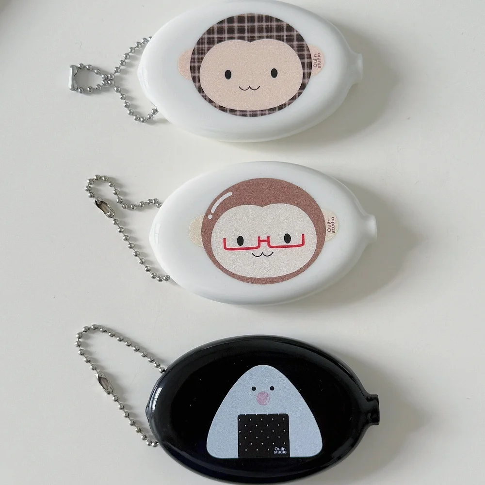 Kawaii Monkey Rice Ball Oval Coin Purse Glossy Hard Shell Keychain Portable Wireless Earphone Lipstick Small Change Storage Bag