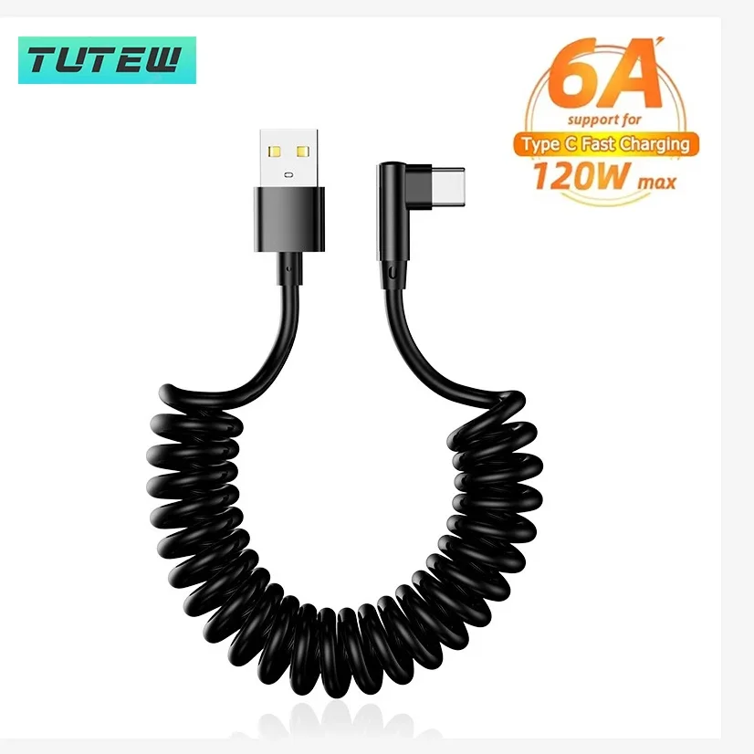 Extensible120W Short Spring Data Cable Elbow USB A To Type C Fast Charging Cable For iPhone Samsung Huawei Phone Charger Wire