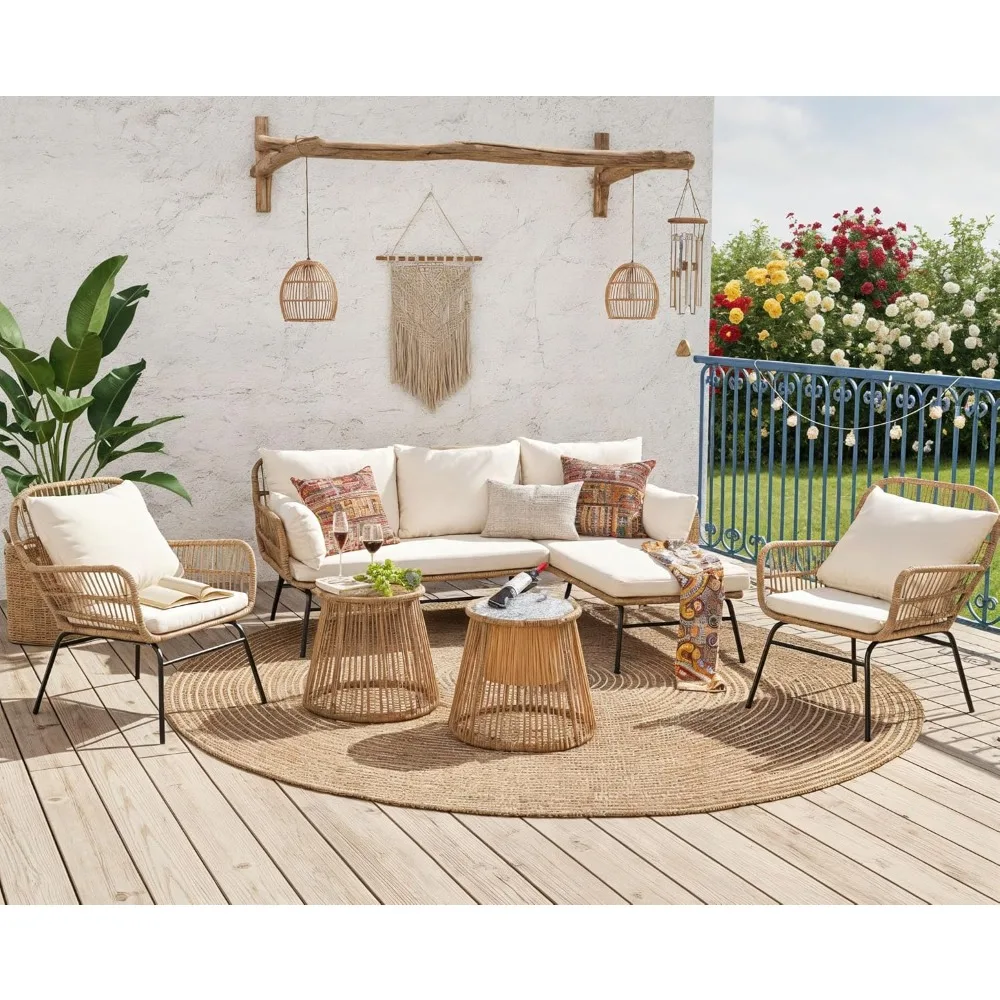 

6 Pcs Boho Outdoor Patio Furniture Set, High Back L-Shaped Sectional with Ice Bucket Table, 500lbs Sturdy Comfy Lounge Sofa