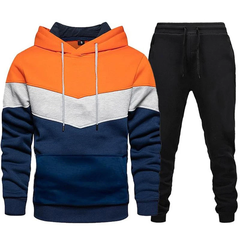 Autumn Winter Fashion Tracksuit Tricolor Hoodies and Black Sweatpants High Quality Male Daily Casual Sports Hooded Jogging Suit