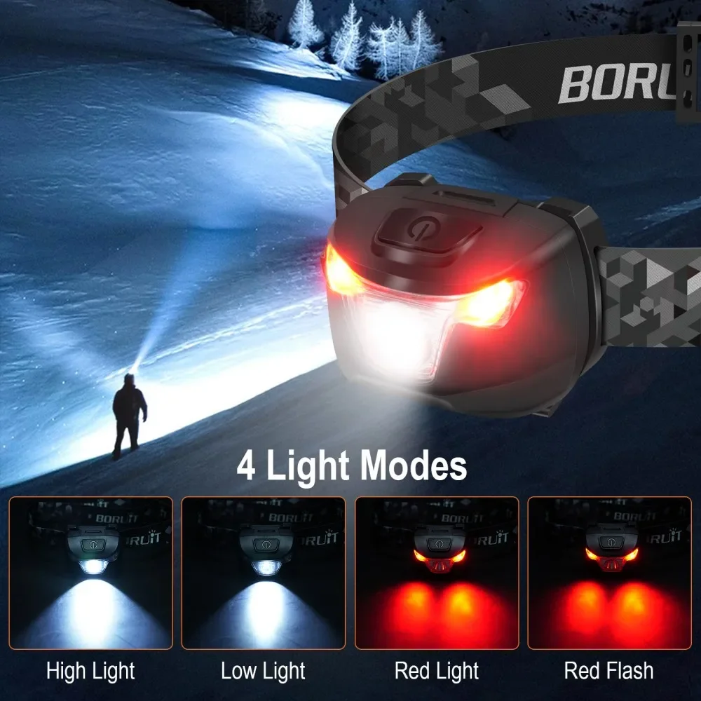 BORUiT BR01 White & Red LED Mini Headlamp 240LM 4-Mode Headlight Waterproof Camping Fishig Torch Powered by AAA Battery