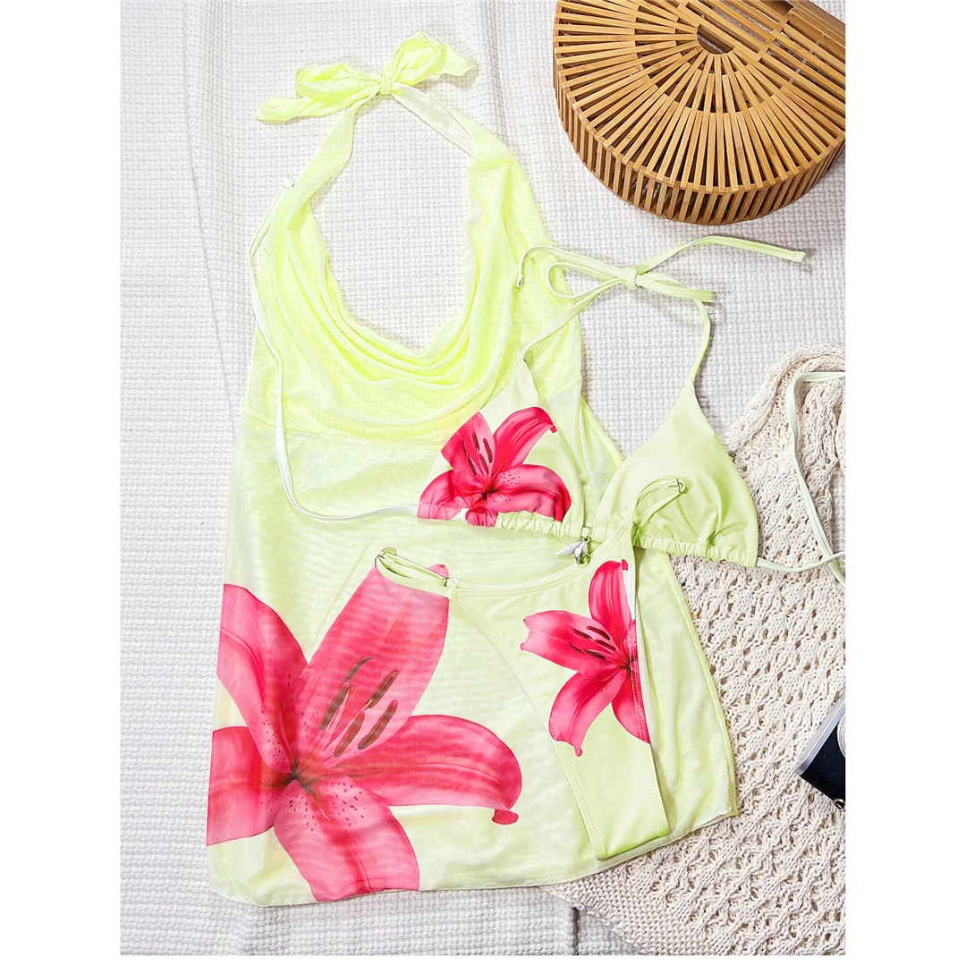 Mit Blumenmuster, bedruckter Bikini, Damen-Badeanzug, Damen-Bademode, dreiteiliges Bikini-Set, Badebekleidung, Badeanzug, Modell V8158. – Detail 8
