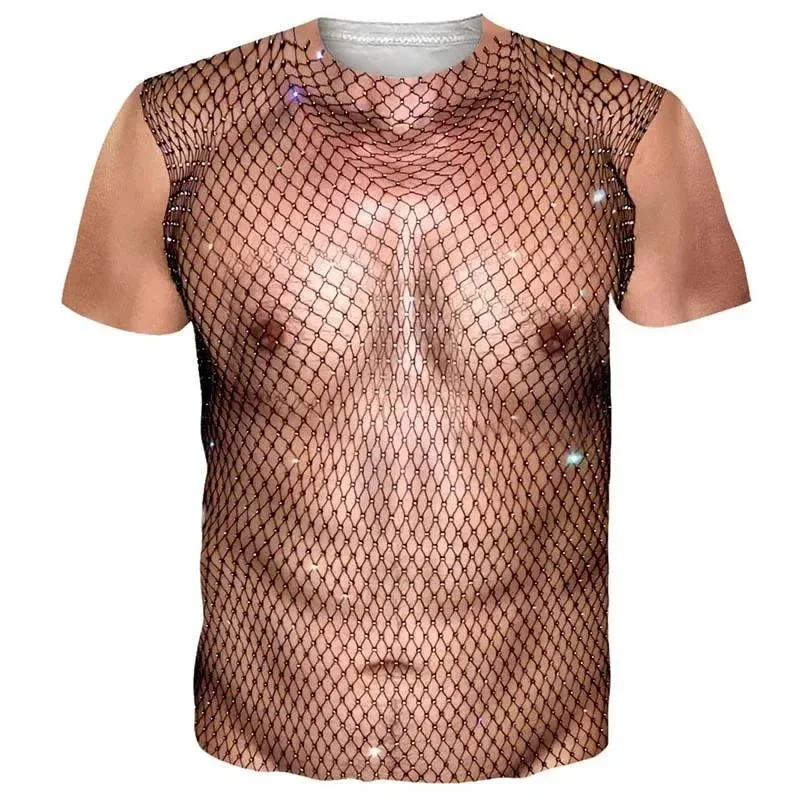 Y2K Streetwear Men Summer Short Sleeve Tee, Real Funny 3D Muscle Fake Chest Hair Graphic T-shirt Daily Party Outdoor Holiday Hot