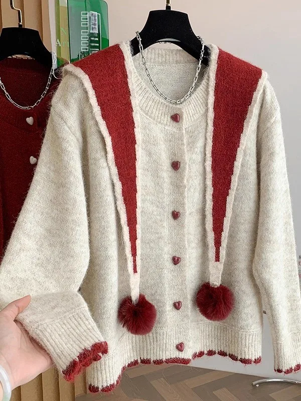 

Мягкий уютный вязаный свитер с одной пуговицей и помпоном из искусственного меха для женщин, осенне-зимняя верхняя одежда премиум-класса