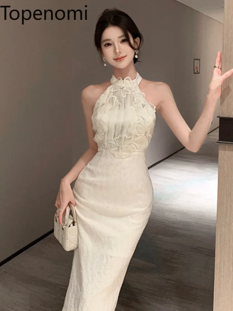 Topenomi Luxury Halter Flowers Banquet Party Dress Women French Sexy High Waist Slim Fit Evening Gown Elegant Cocktail Dresses