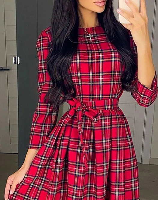 Women's Urban Style Dress 2024 Spring Summer Latest Fashion Red Plaid Round Neck Long Sleeved Waist Wrapped Maxi Medium Skirt