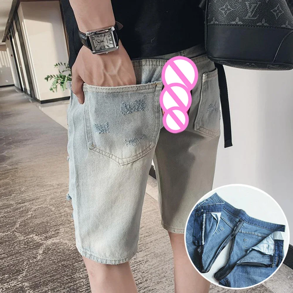 5-point Pant Ripped Middle Pants Casual Denim Invisible Open Crotch Outdoor Sex Jeans Shorts Men's Erotic Summer Trendy Loose