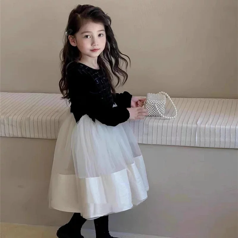 Spring Baby and Girls Patchwork Sequin Work Cotton Lined 3-Layer Mesh Zip Back Dresses Kids Outfit Children Sweet Skirt 2-7 Yrs