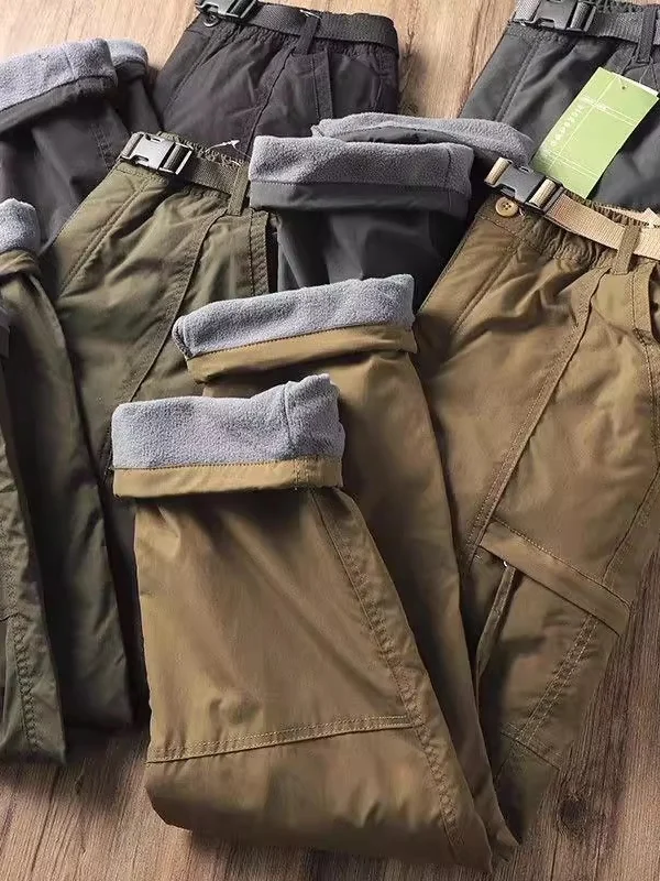 Outdoor Windproof Waterproof Fleece Lined Thick Warm Soft  Work Trousers Straight Leg Men's Autumn Winter Casual Pants