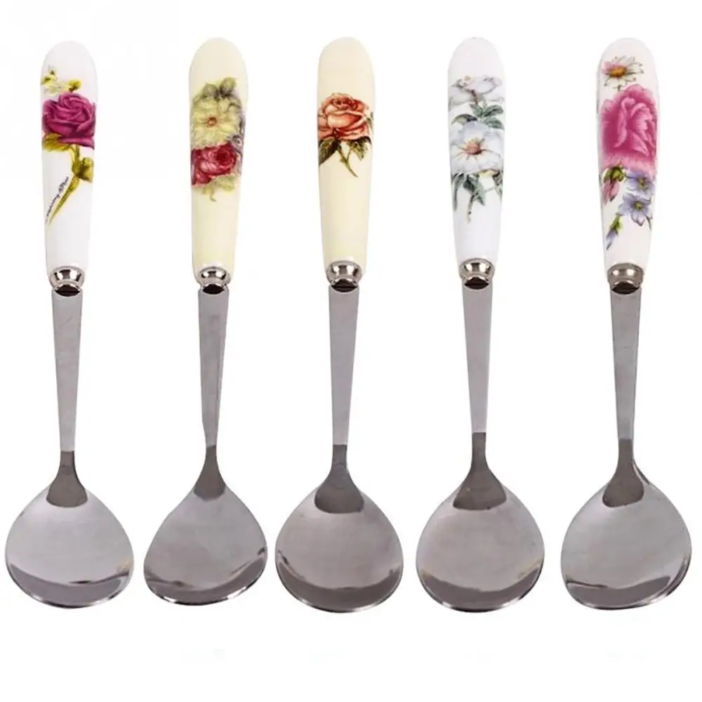 Long Handle Ceramics Spoon Ice Cream Dessert Teaspoon Rose Flowers Stainless Steel Mini Coffee Spoon Kitchen Tea Spoon