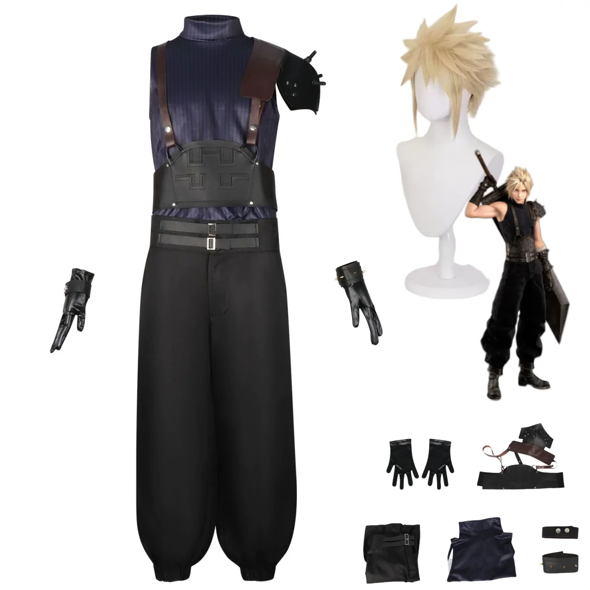 

Anime Game Final Fantasy VII Rebirth Cloud Strife Cosplay Costume Black Uniform Armor Wig Man Halloween Christmas Suit
