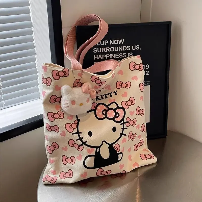 

Холщовая Сумка HelloKitty, женская сумка большой вместимости, Студенческая сумка-тоут через плечо, милая сумка-кошка, искусственная сумка, аниме-фигурка