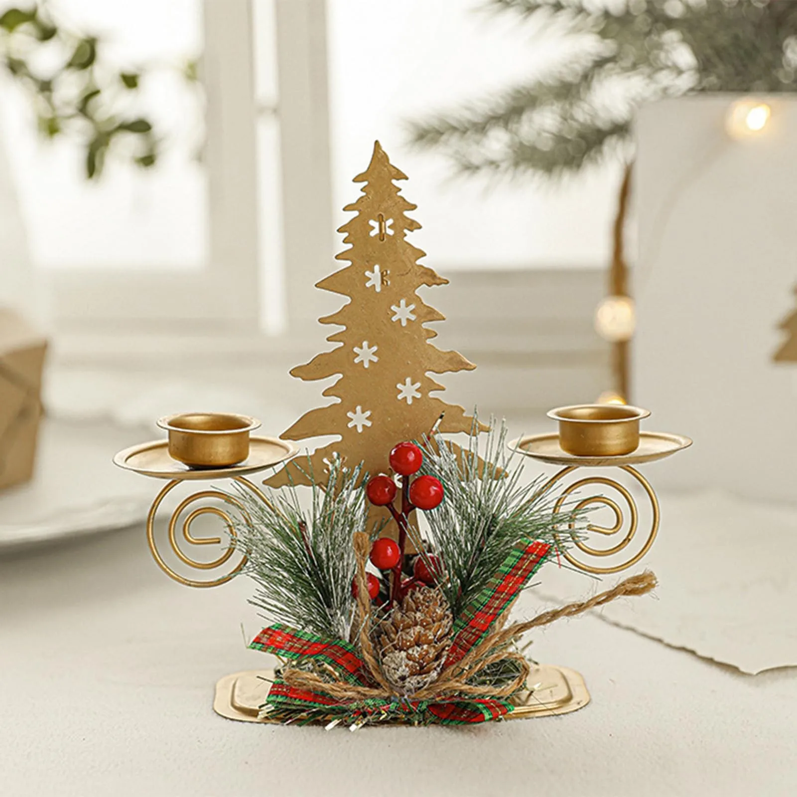 

2024 New Gold Christmas Tree Pillar Candle Holder With Berry Pine Nut 2 Wick Candle Holder For Holiday Desktop Decoration