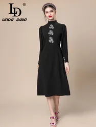 LD LINDA DELLA 2024 Autumn winter Vintage Dress Women's Black Splice long sleeve Nail Bead Slim Fit High waist Travel Dress