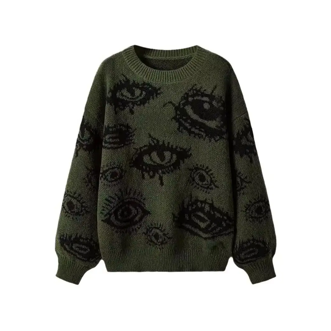 Y2k Streetwear Women's Grunge Punk Eye Print Long Sleeve Drop Shoulder Warm Sweaters Top Fall Or Winter