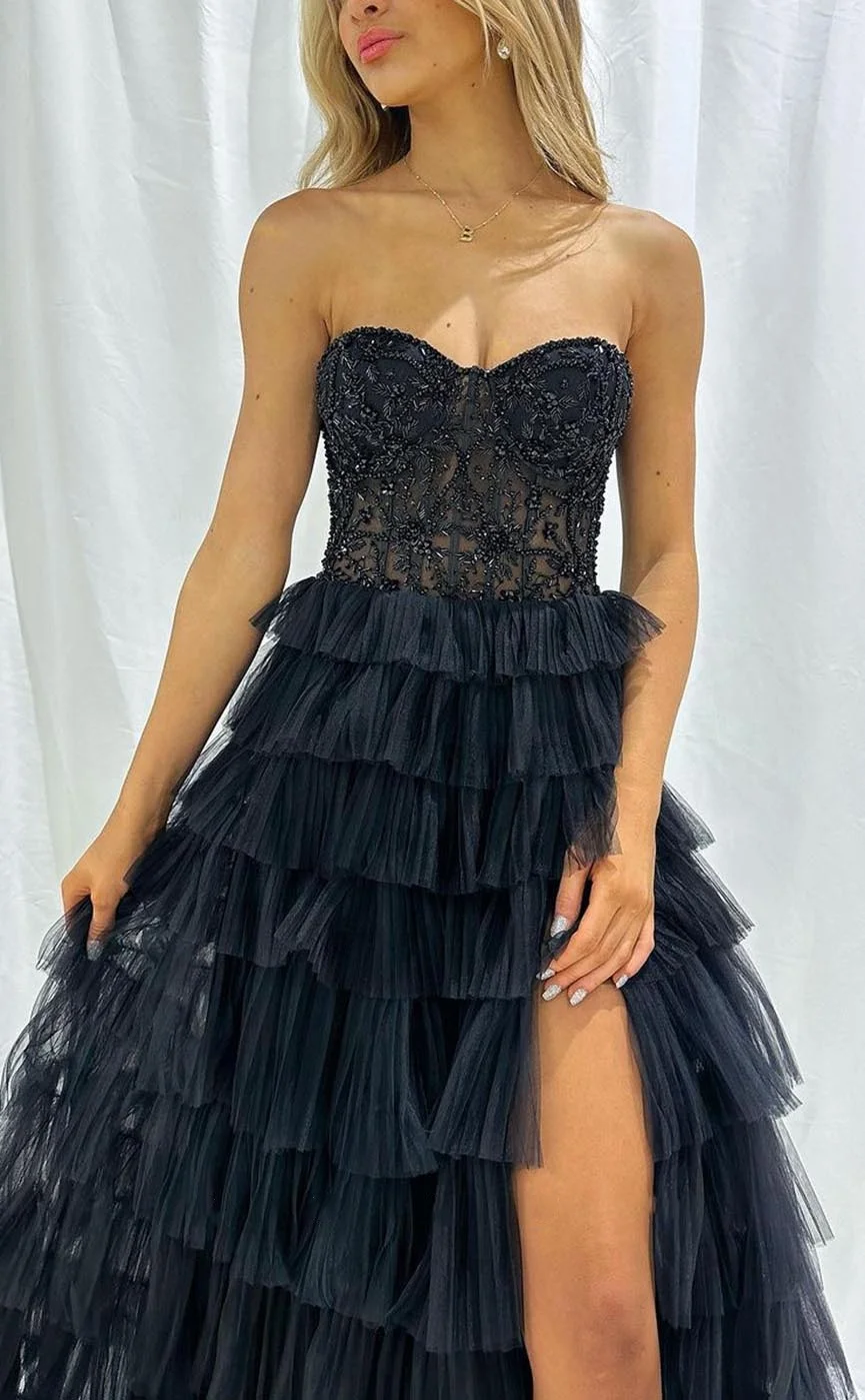 Strapless A-line Tulle Prom Dresses Appliques Sequins Tiered Cake Dresses Backless High Split Illusion Sleeveless Princess Dress