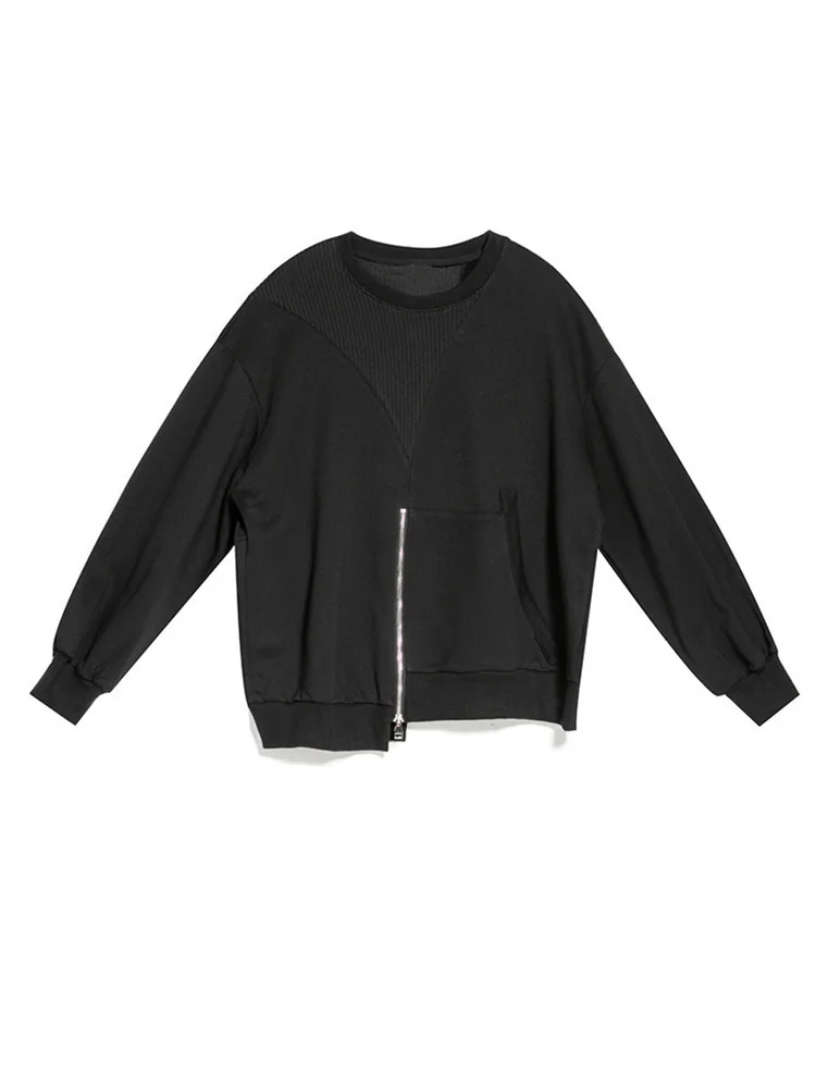 [EAM] Loose Fit Black Zipper Sweatshirt New Round Neck Long Sleeve Women Big Size Fashion Tide Spring Autumn 2024 1DF4678