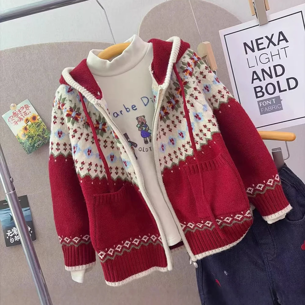 

Kids Red Knitted Hooded Cardigan Jacket Autumn WInter Warm Floral Pattern Zipper Sweaters Coats Children Girls Knit Outerwear