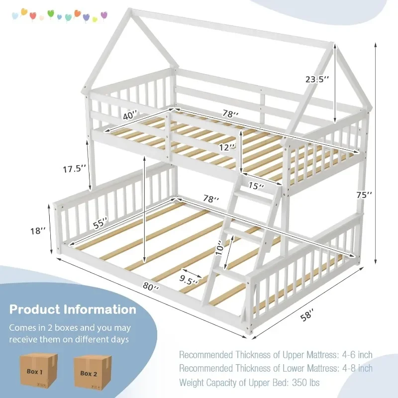 Wooden Double Full Bunk Bed, Solid Wood House Bed Frame, Built-in Ladder and Safety Guardrail, Convert To 2 Beds