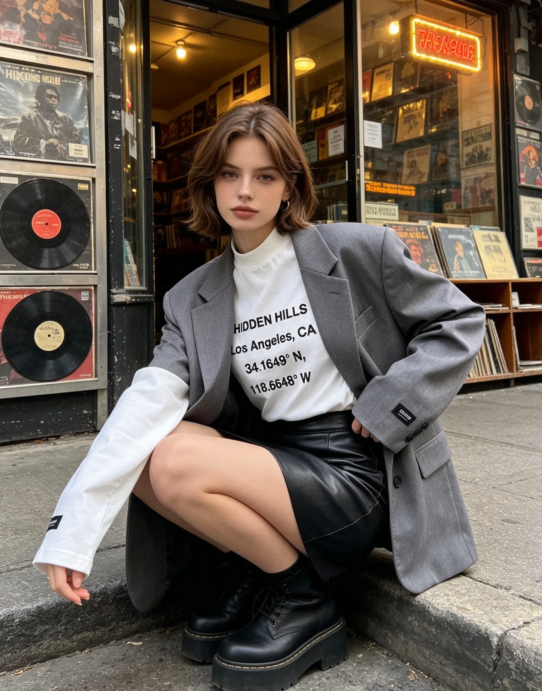 Vintage Los Angeles Coordinates Print Mock Neck Long Sleeve Tee Unisex Oversized Casual Streetwear Cotton T-Shirt
