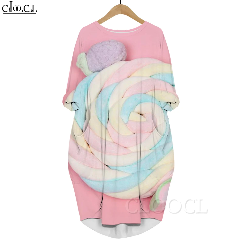 CLOOCL Harajuku Pocket Dress Infância Memória Doces Gráficos 3D Impresso Macio Confortável Manga Longa Vestido Feminino Vestidos de Rua