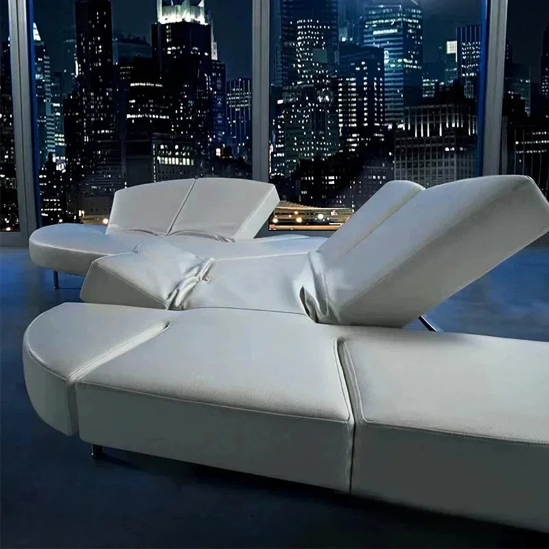 luxury Italian sailboat backrest arc design creative stainless steel multi-functional leather sofa large flat floor apartment