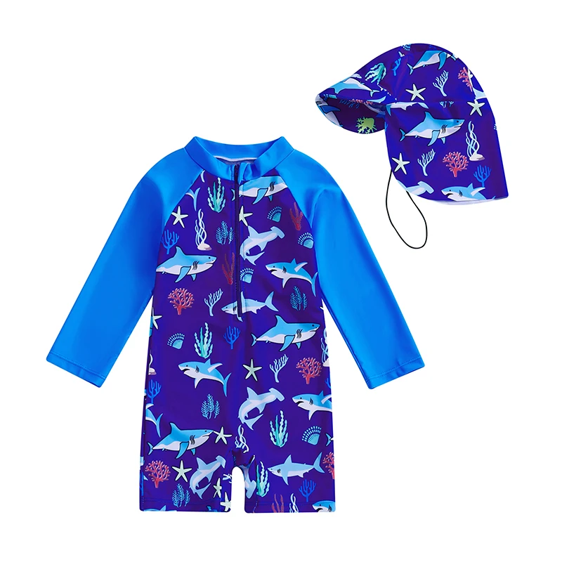 Boy Long Sleeve Swimsuit Shark Print Half Zipper Non-Pilling Rash Guard Swimwear Sunhat Set