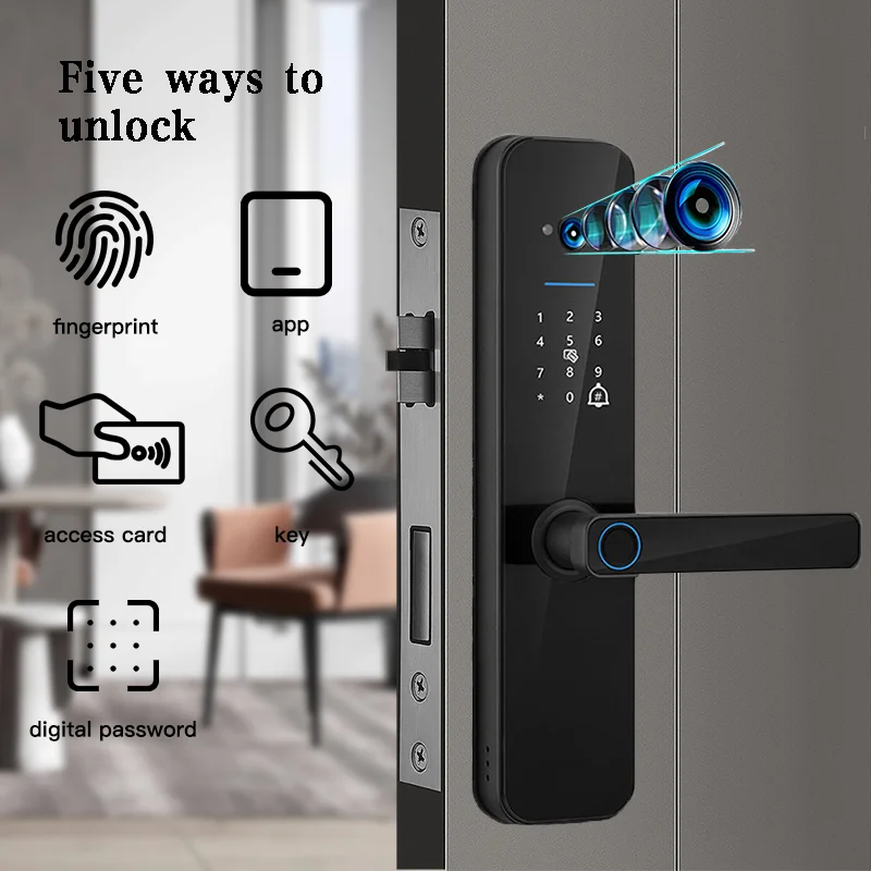 PHIPULO Tuya Wifi Digital Electronic Smart Door Lock With Biometric Camera IC Card Password Key Unlock For Smart Home