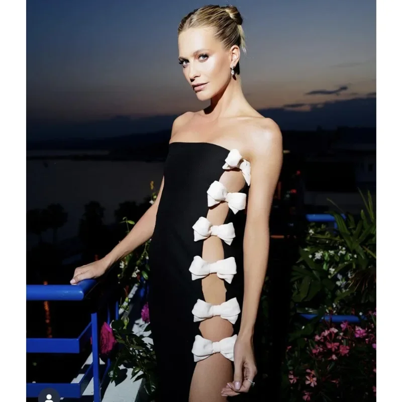 

Bandage Dress Sexy Black Strapless White Bow Hollow Leg Exposed Long Dress European and American Party Dress