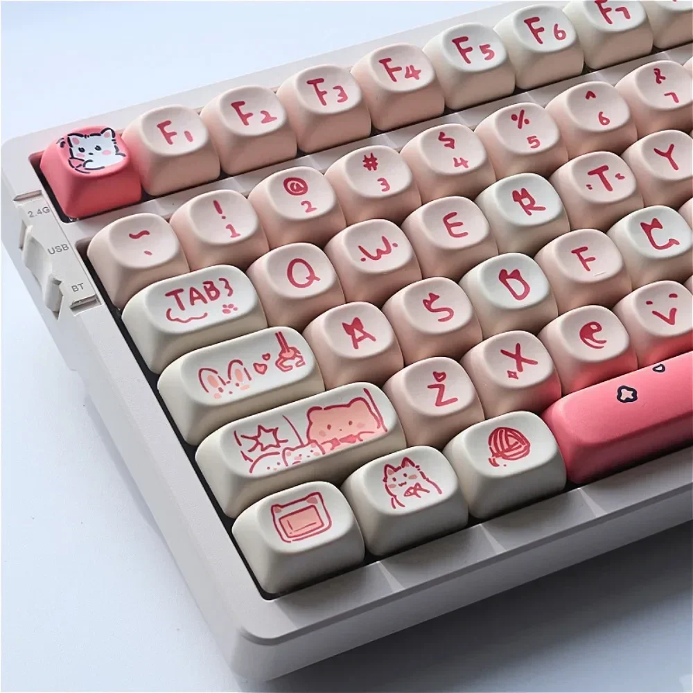 Pink Meow Meow Keycaps 144keys  MOA Height Keycap Set PBT DYE-Sub For 60/64/65/68/87/98104 Mechanical Keyboards