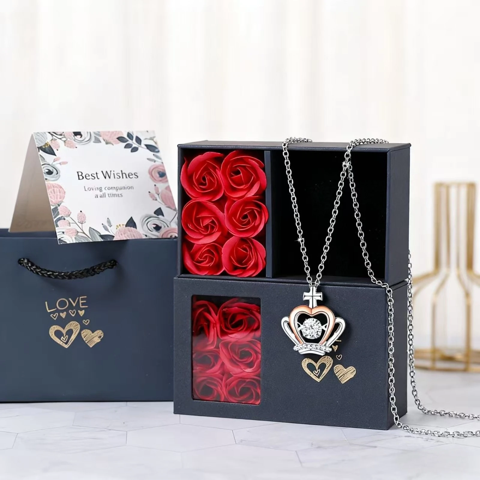 مجموعة قلادة التاج الوردي الأنيقة | 6 ورود + قلادة التاج + علبة هدية بطاقة تهنئة | مجموعات هدايا مجوهرات راقية أنيقة #3