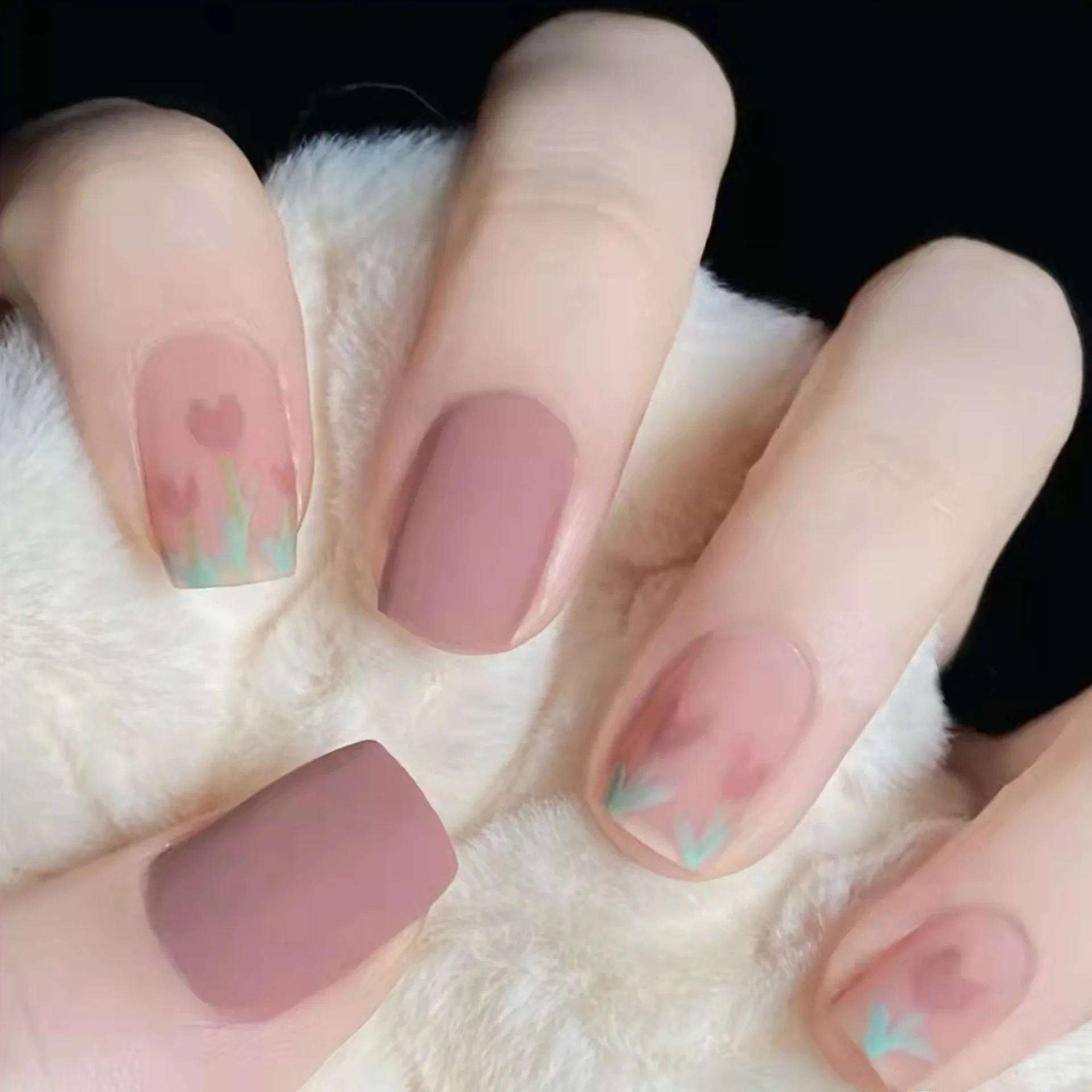 

Pastel Tulip Dusty Nude Press On Nails Short Square Matte Korean Fresh Spring Minimal Office Daily False Nails