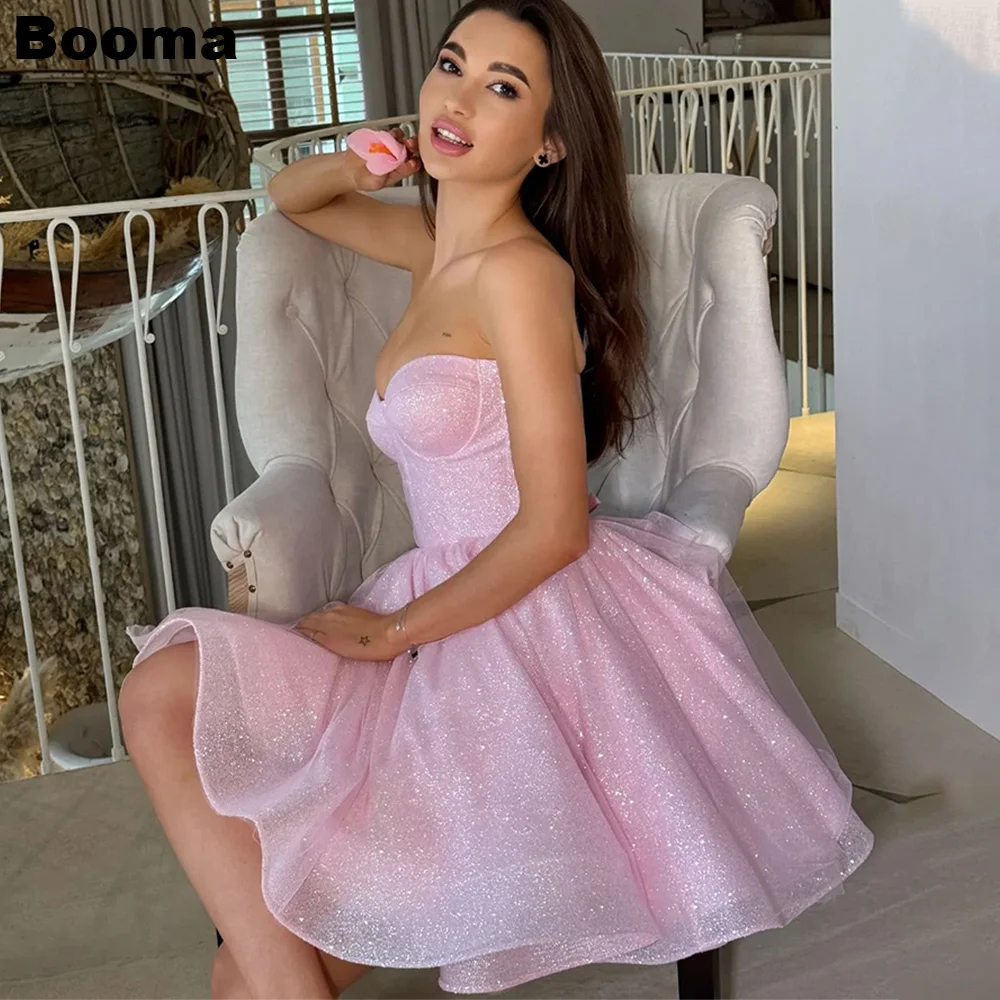 

Booma Pink Shiny A-Line Prom Dresses Sweetheart Sleeveless Glitter Homecoming Gowns Short Wedding Party Dress Cocktail Gown