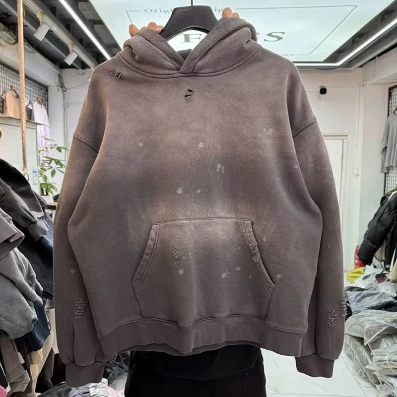 Splashed Ink Hole Damaged Fleece Hooded Hoodie Men Women Wasehd Distressed High Street Pullovers Casual Loose Sweatshirts Winter
