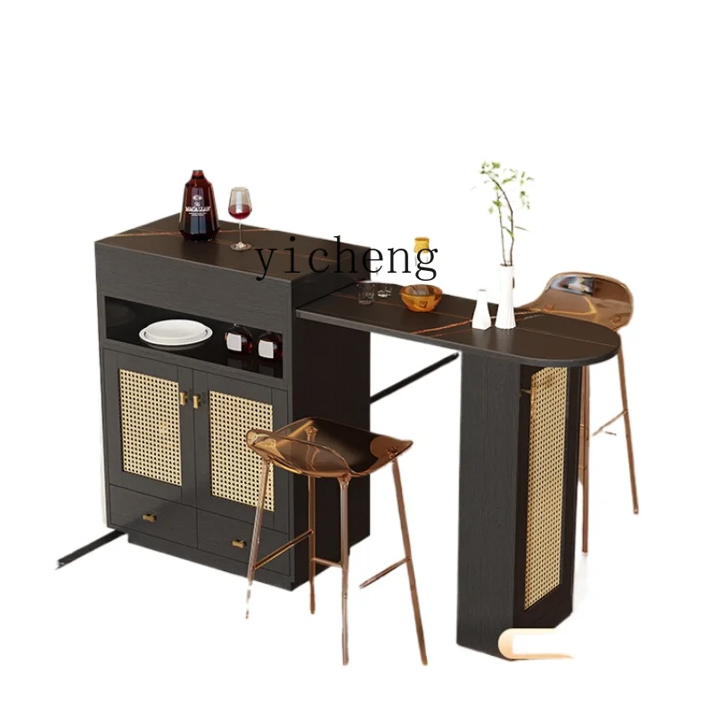 ZK Retro Rattan-like Retractable Bar Counter Home Modern Living Room Stone Plate Partition Storage Sideboard Wine Cabinet