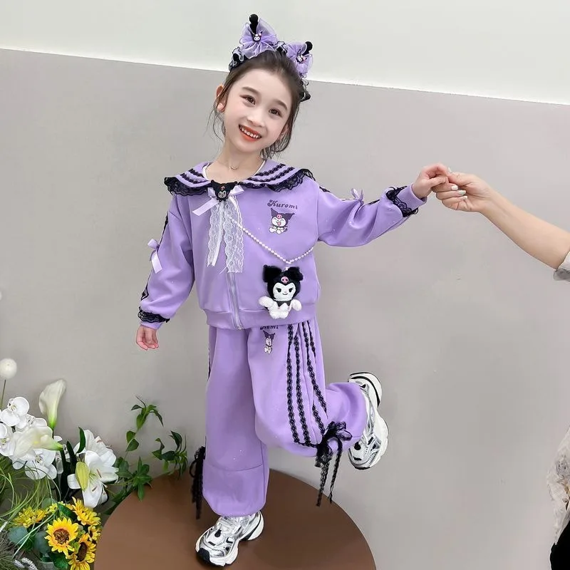 Sanrio Girls Kuromi Suit Spring and Autumn Fashion New Children's Style Sweatshirt Casual Two-piece Set Girls Holiday Gift