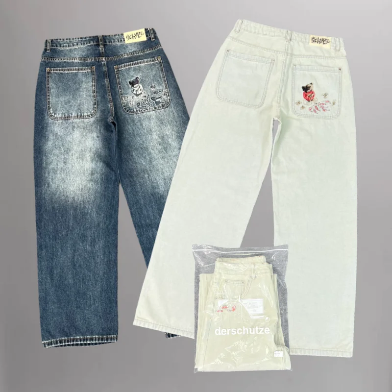 Y2k Derschutze الدينيم بركة السمك تيدي بير التطريز الجينز خمر المرأة فضفاض مستقيم واسعة الساق الجينز الشارع الرجال السراويل #1