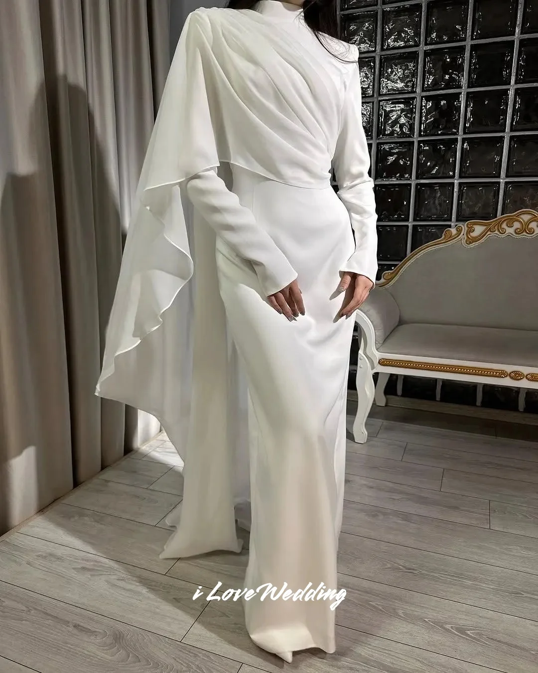 

White High Neck Evening Dresses 2025 Long Sleeve Shawl Mermaid Elegant Floor-Length Pleated Wedding Party Dresses Customized