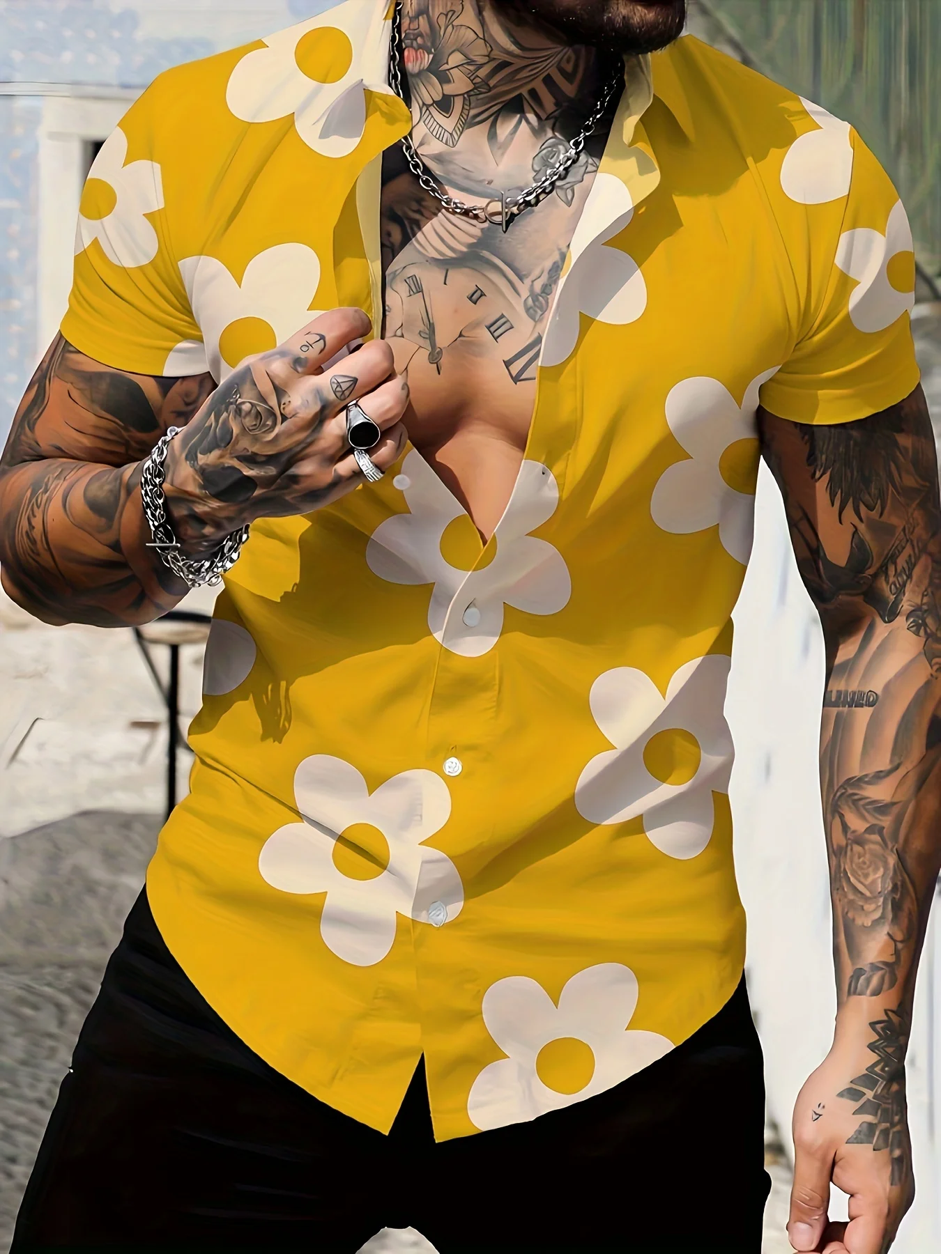 Sunflower Print Shirt For Men Fashion Classic Street Short Sleeve Summer Vacation Shirts Breathable Tops Men Hawaiian Shirts