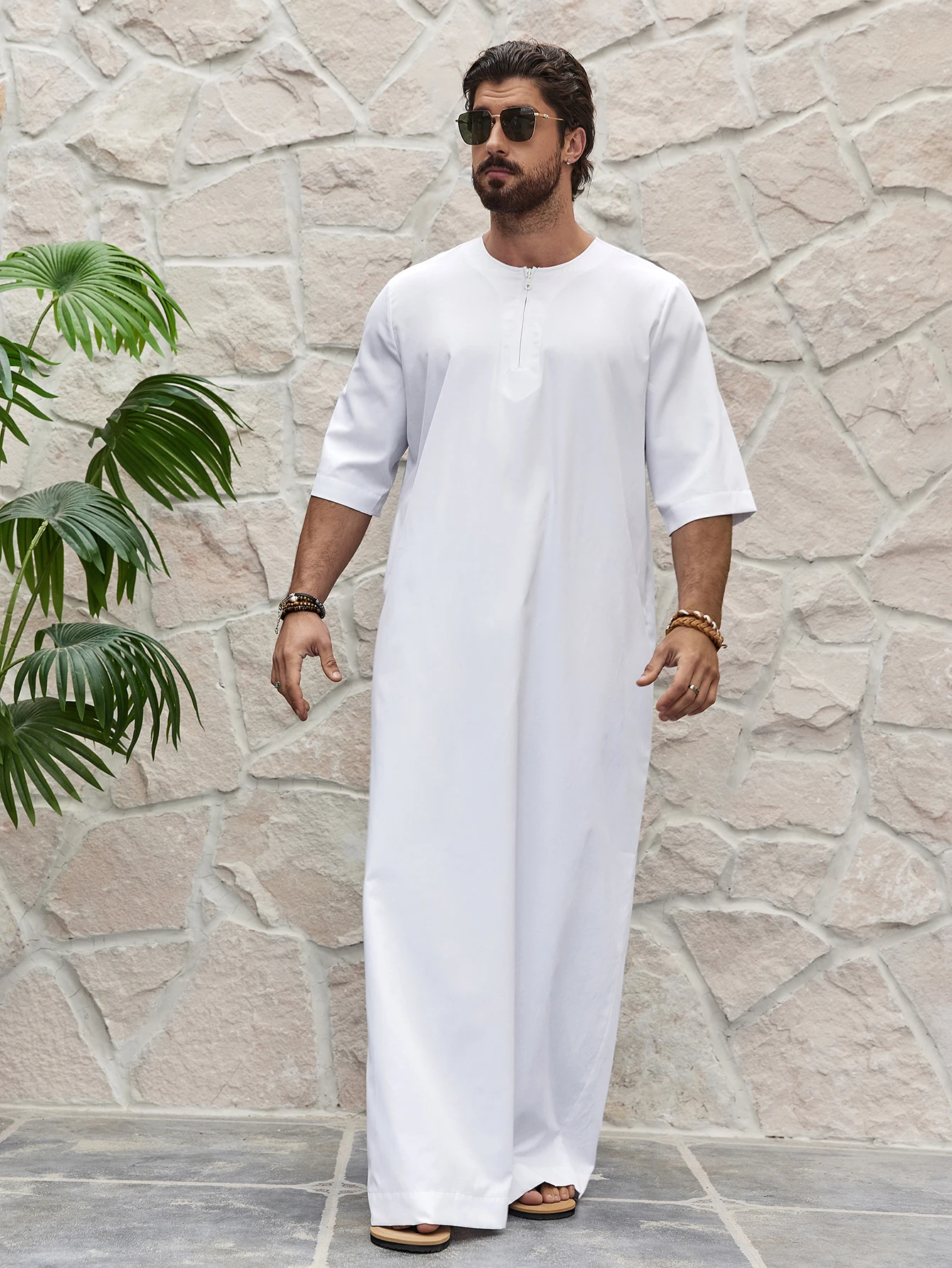 Islam Ramadán Color bloqueado Thobe tradicional para hombres saudíes, ropa musulmana para hombres vestido largo camisa bata, moda de Oriente Medio