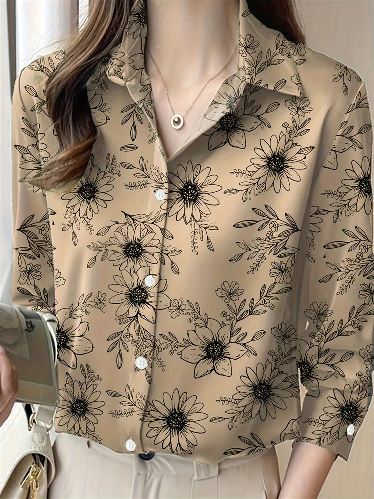 New Women's Lapel Long Sleeve Shirt Casual Loose Hundred Fashion Trend Flower Pattern Ladies Daily Outdoor Travel Clothing