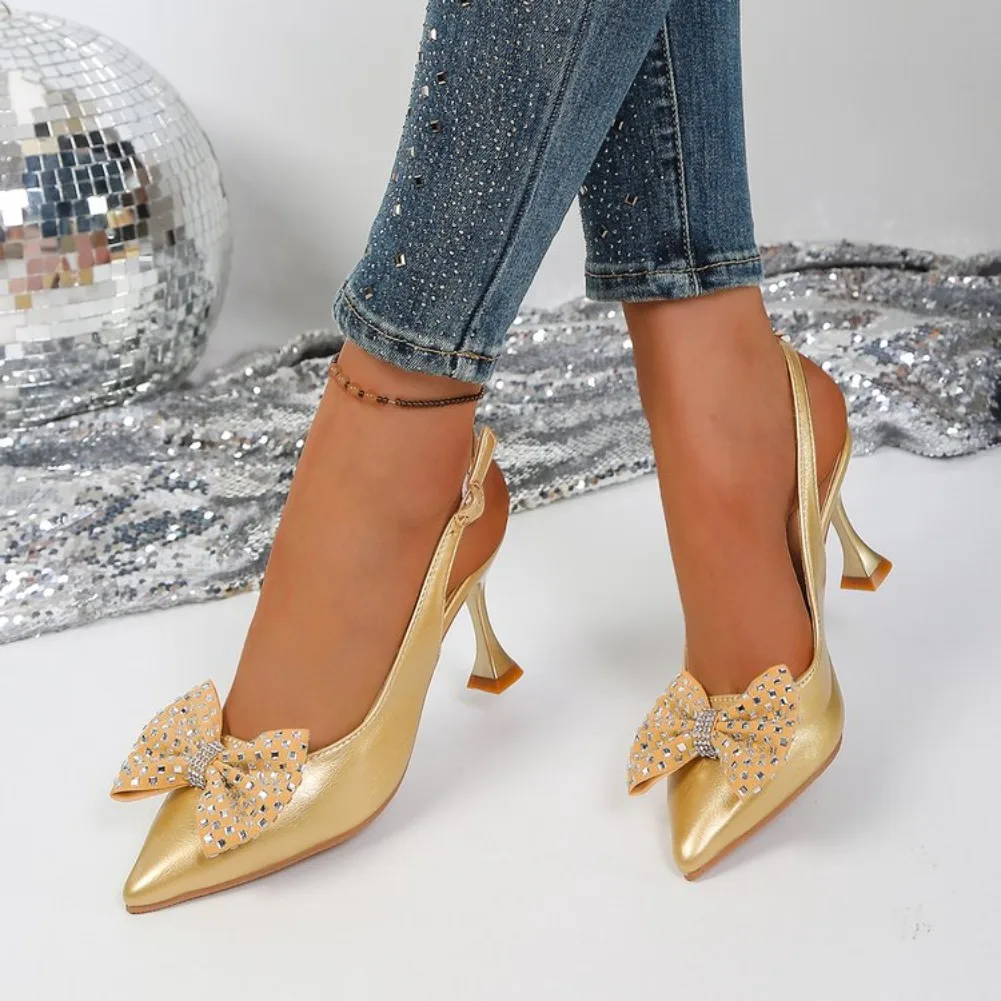 Sommer Neue Bequeme Schleife Strass Runde Moderne Spitze Hohe Absätze Modische Elegante Schlanke Absätze Bankett Damenschuhe