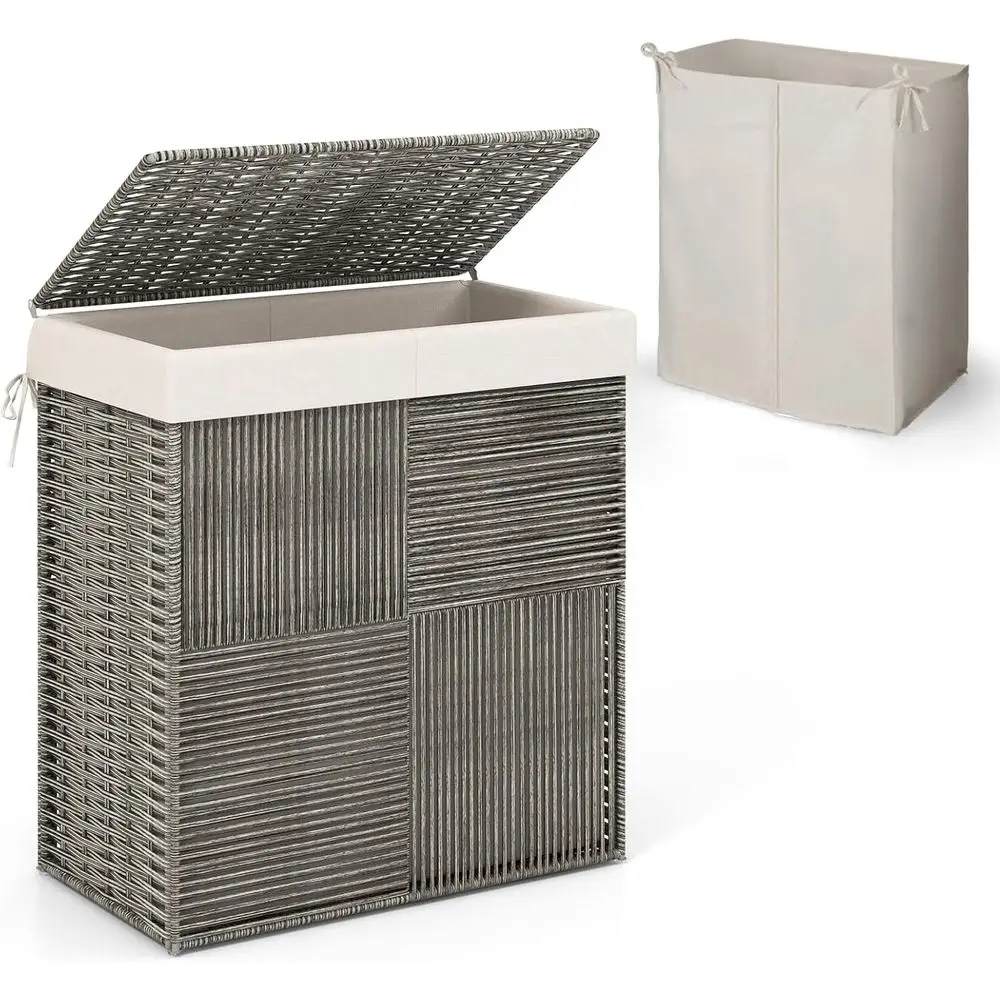 Laundry Hamper with Lid, 110L Divided Dirty Clothes Hamper with 2 Sections, Handwoven Rattan Laundry Basket with Removable & hin