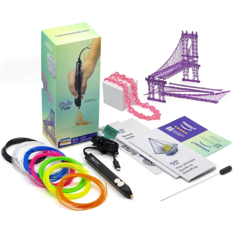 Flow 3D Printing Pen for Teens, Adults & Creators! - Black - with Free Refill Filaments   Stencil Book   Getting Started Guide