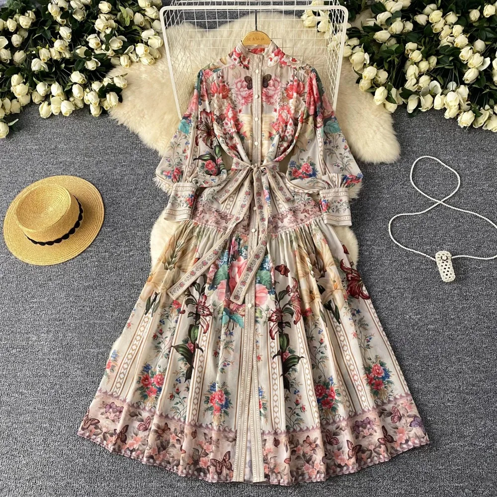 

Retro print sashes Elegant summer Single Breasted Dress A-line Lantern Sleeve Vacation Party Women Vestidos dresses