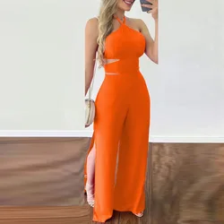 Dames Jumpsuit Elegante Zomer 2024 Hoge Taille Hangende Hals Holle Slanke Open Rug Siamese Body Broek Mouwloze Jumpbodysuit