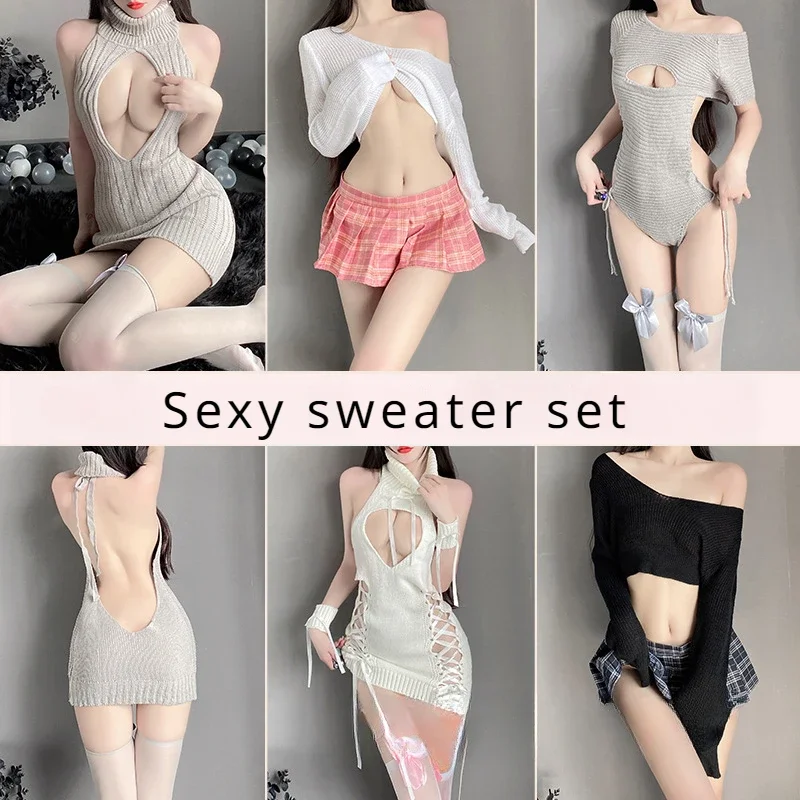 Sexy Lingerie Cosplay Student Mini Skirt Erotic Underwear Sexy Bodysuit Women Sweater Porno Maid Costumes Sexy Short Dress Set