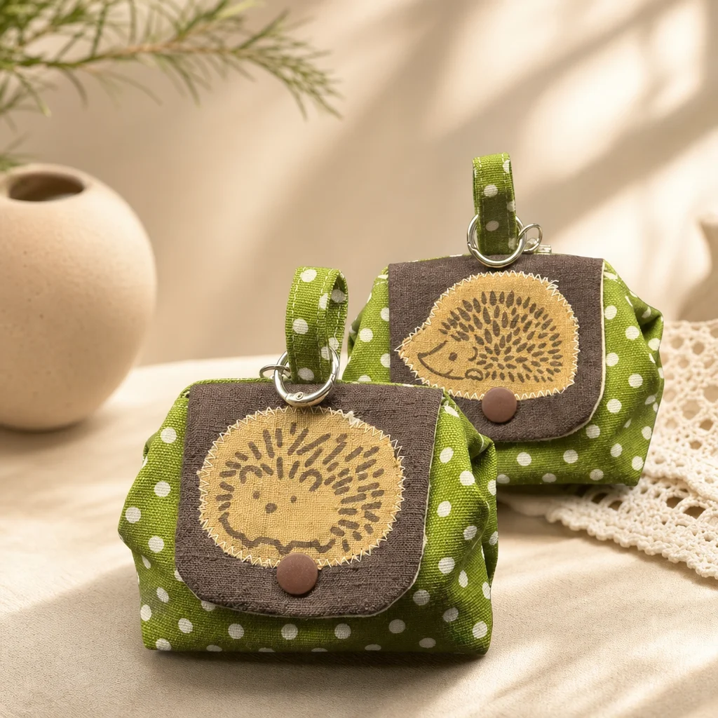 bolsa-de-armazenamento-de-chaves-ourico-fofo-fundo-verde-com-bolinhas-brancas-bolsa-de-tecido-estilo-coreano-serie-h