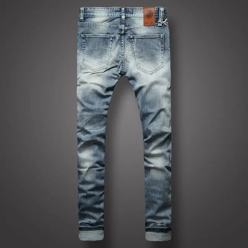 Fashion Designer Men Jeans Retro Light Blue High Quality Stretch Slim Fit Ripped Jeans Men Buttons Fly Vintage Denim Pants Homme